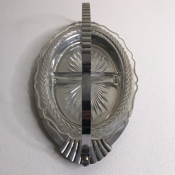 Vintage Divided Glass Metal Handle Serving Condiment Entertainment Holiday Tray - Picture 2 of 7